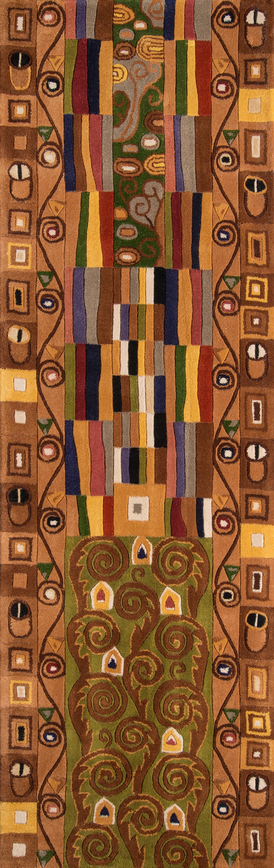Long vertical rug with multicolor striped bands, brown borders with squares, and a green central panel of swirling vines.