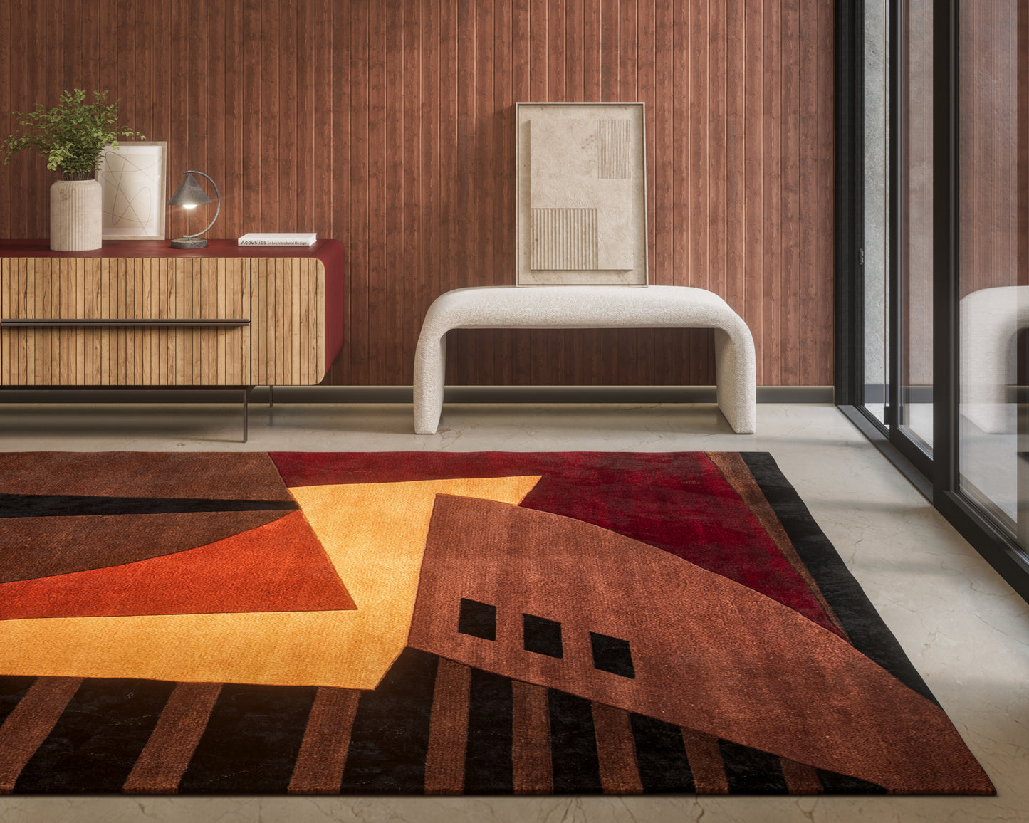 Modern living room with orange geometric rug, white curved bench, wood slat sideboard, framed art, plant & lamp.