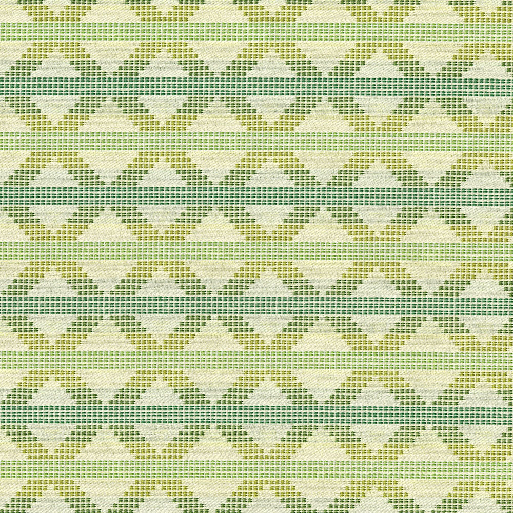 Woven fabric with a repeating green geometric diamond lattice on a pale beige background; upholstery fabric.