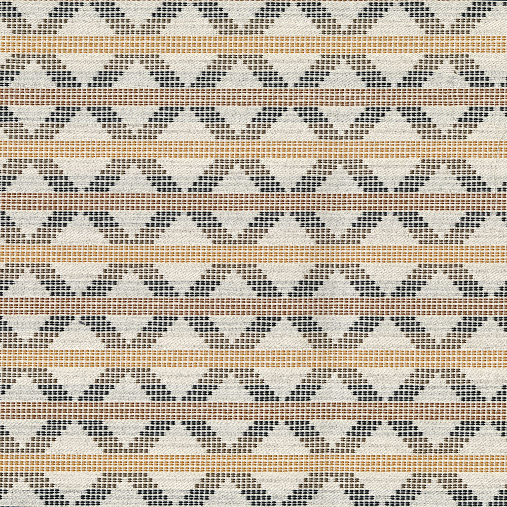 Woven textile with navy diamond lattice pattern and tan horizontal stripes on beige background.