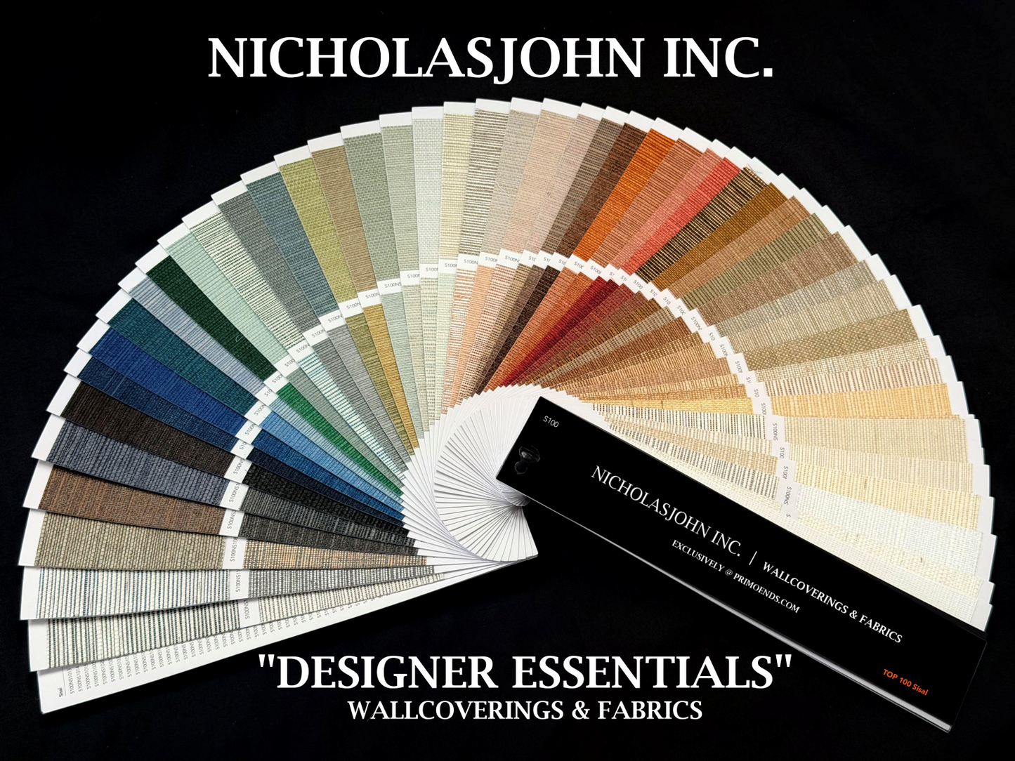 Color swatch book for wallcoverings and fabrics by NicholasJohn Inc. on a black background.