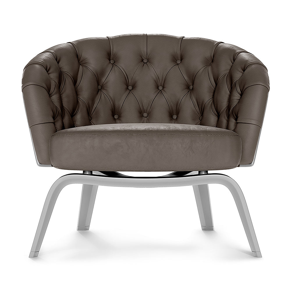 Brown solid fabric accent chair with rounded back and curved silver metal legs.