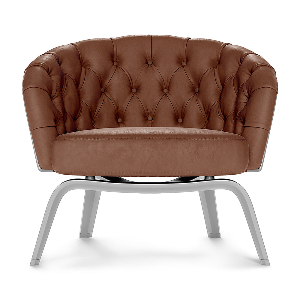 Brown fabric barrel chair with curved back, button-tufted upholstery, and light gray metal sled legs.