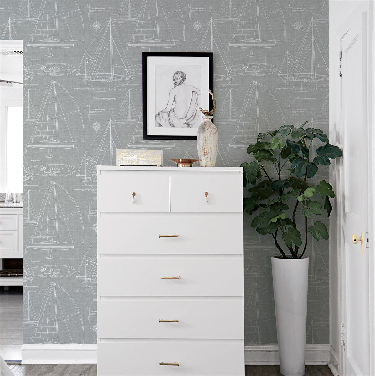 NextWall NextWall Peel & Stick Yacht Club Illustration Coastal Grey Satin - NW32908