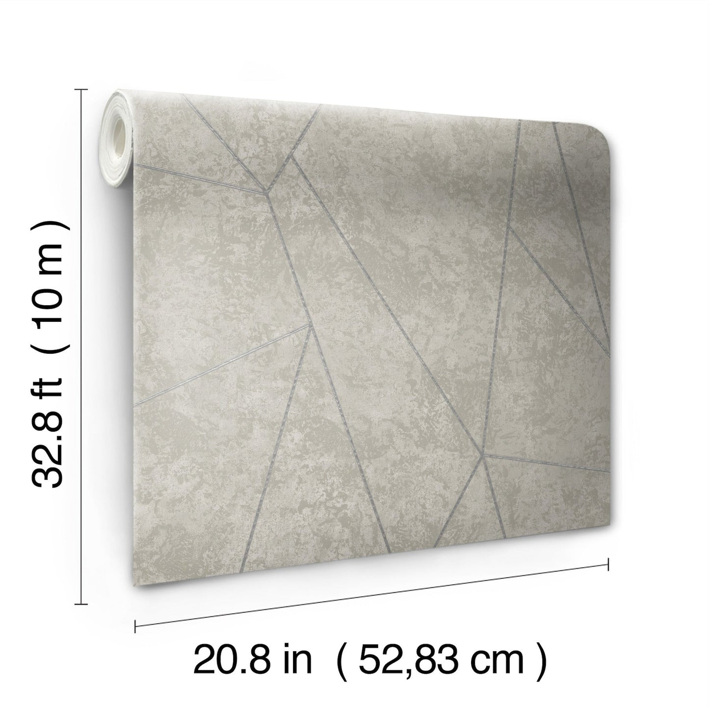 Beige abstract geometric wall mural on rolled canvas, gray angular lines; 20.8 in wide by 32.8 ft long.
