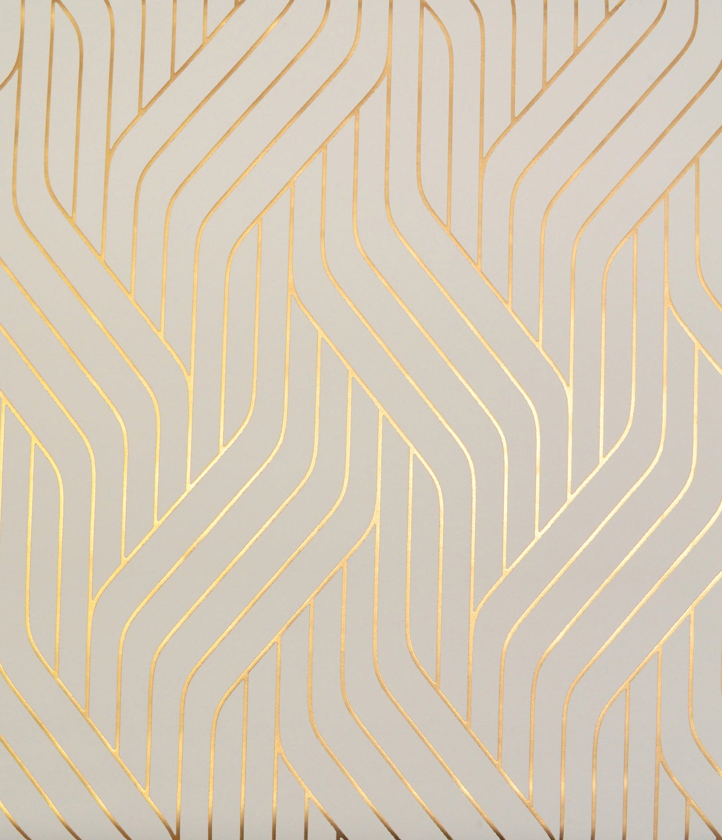 Gold metallic interlocking chevron lines on pale beige wallpaper.