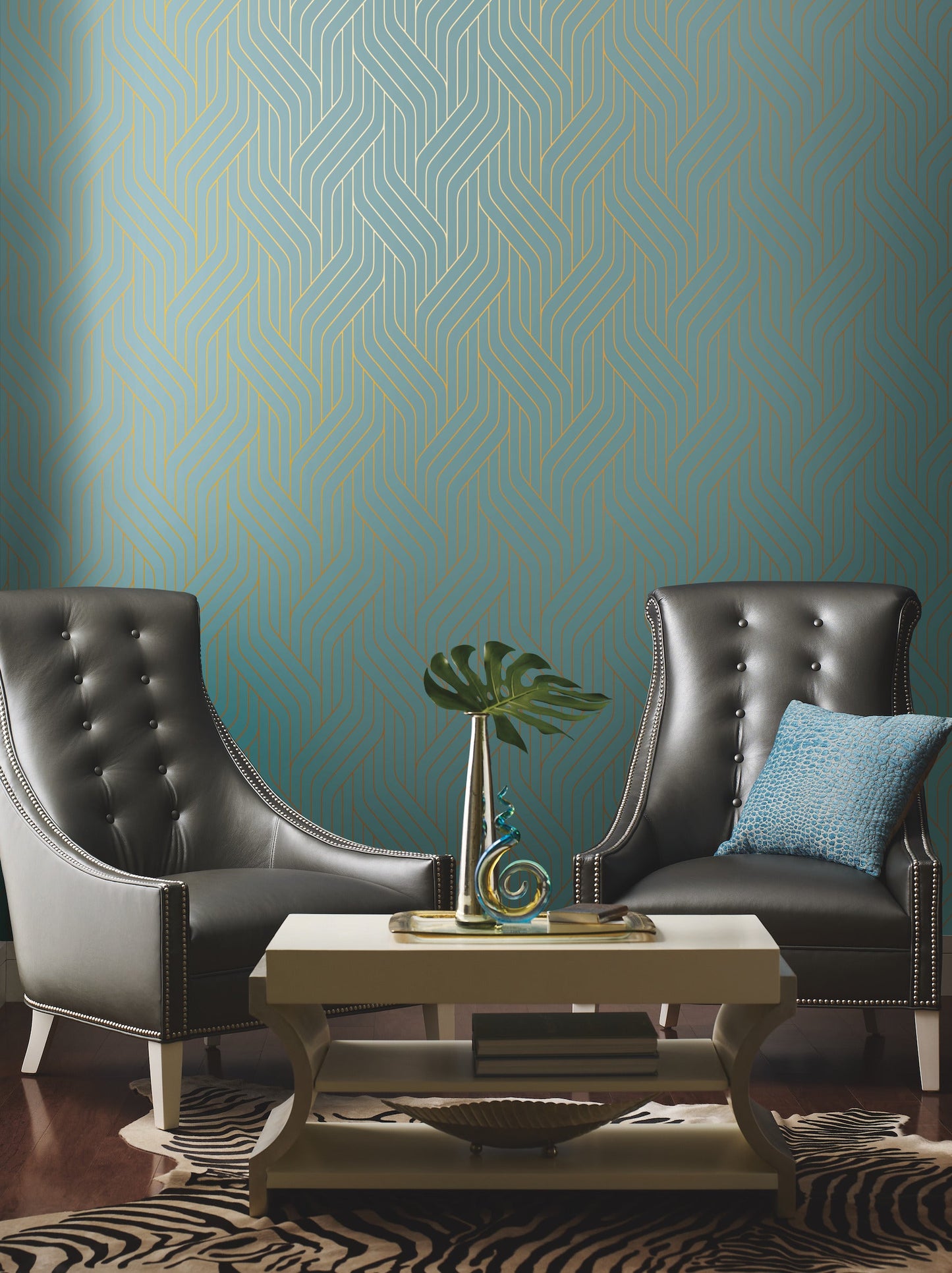 York Wallcoverings Antonina Vella Ebb and Flow Blue and Gold Wallpaper Stripes Blues - NW3520