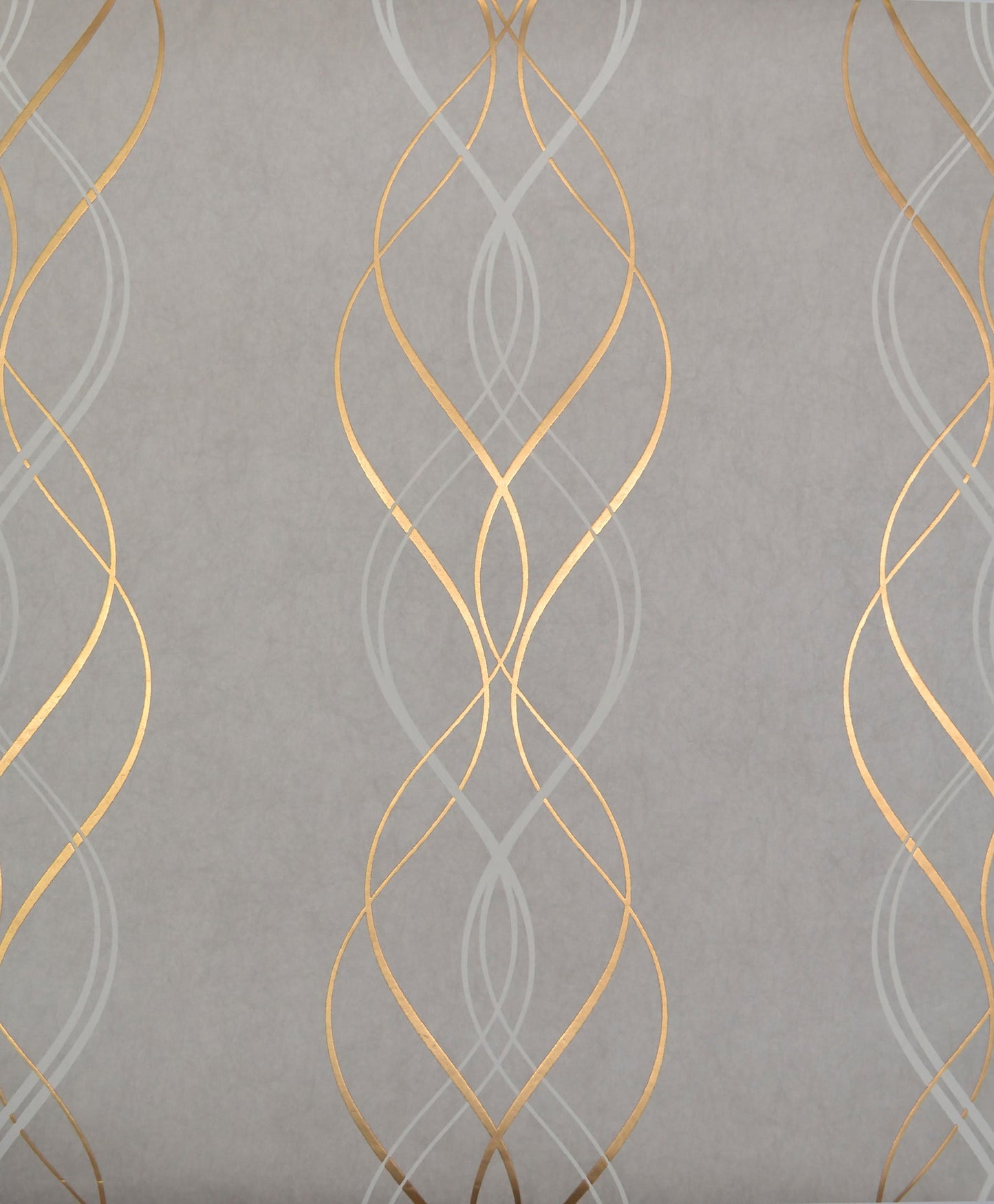 Grey wallpaper with vertical intertwined gold ribbons and pale grey circular loops in a modern decorative pattern.
