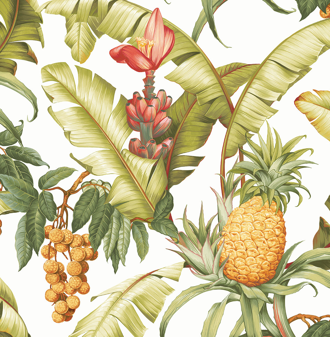 Pineapple floral botanical tropical white satin peel & stick wallpaper NW46305