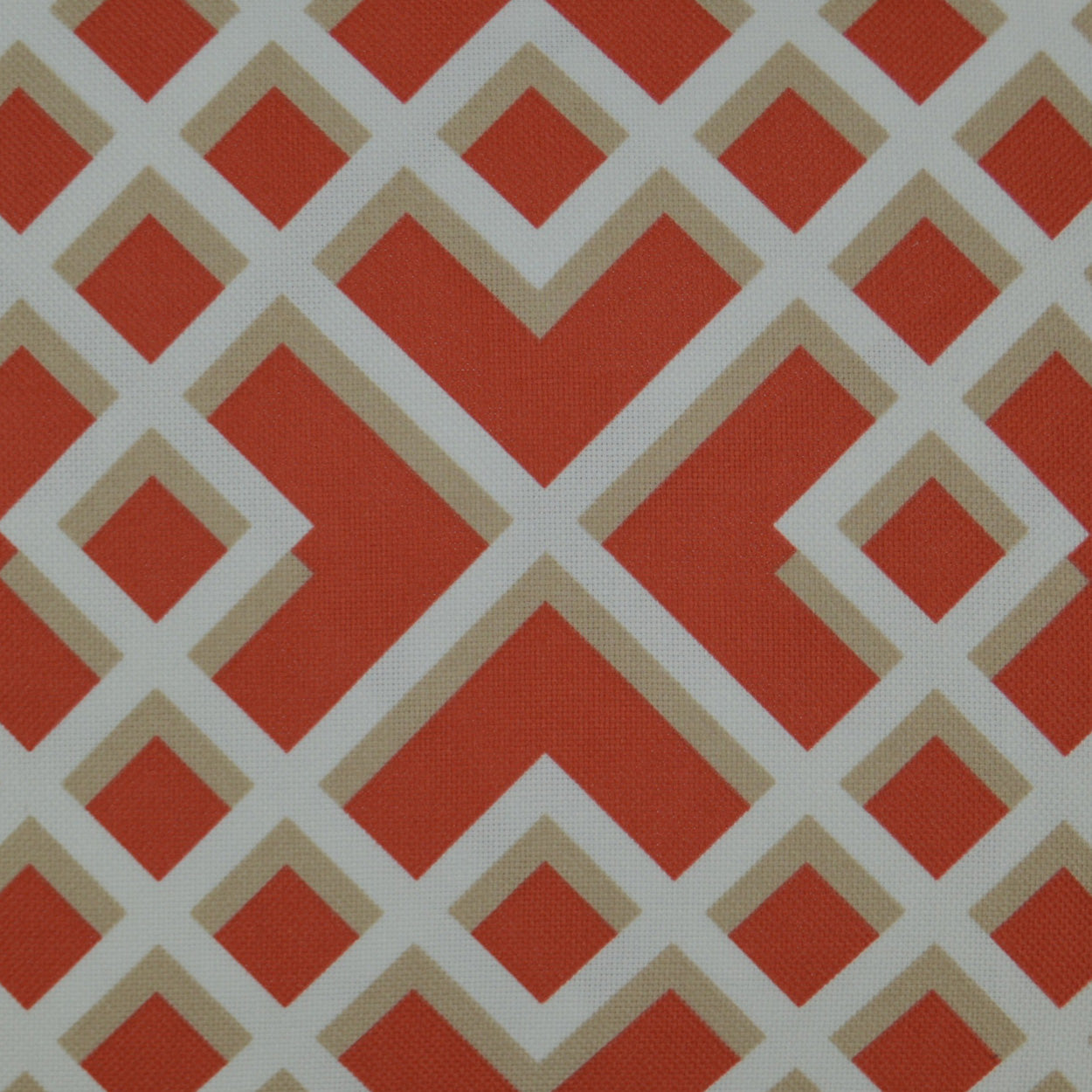 Coral lattice trellis pattern on geometric fabric; outdoor lumbar pillow.