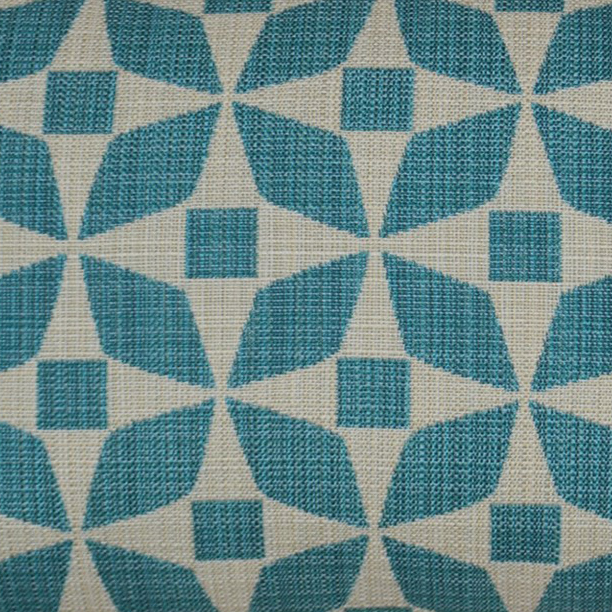 Turquoise geometric marquee pattern on an outdoor lumbar pillow, 12" x 24".