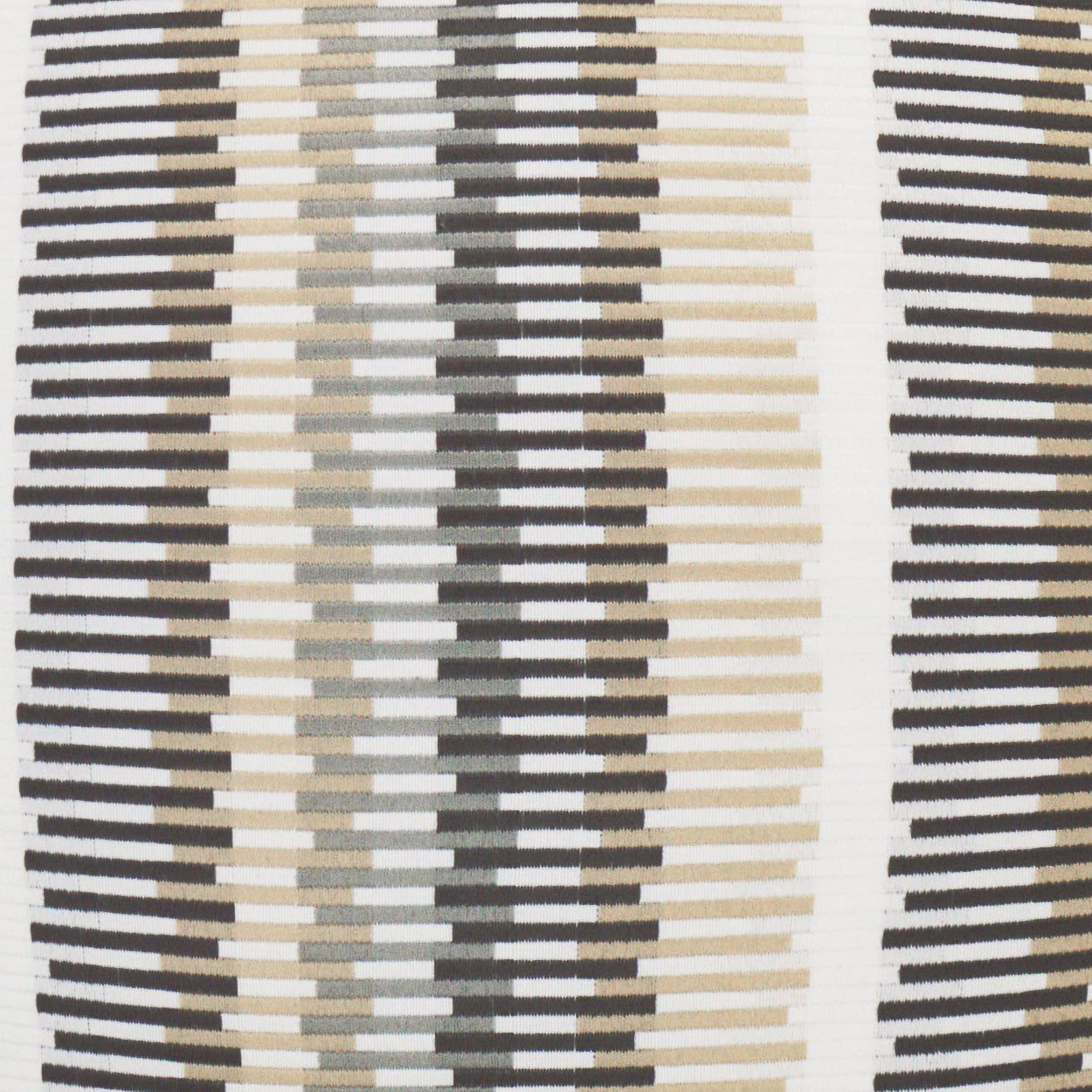 Outdoor lumbar pillow with vertical striped woven fabric in brown, beige, taupe and gray; linen color, 12" x 24