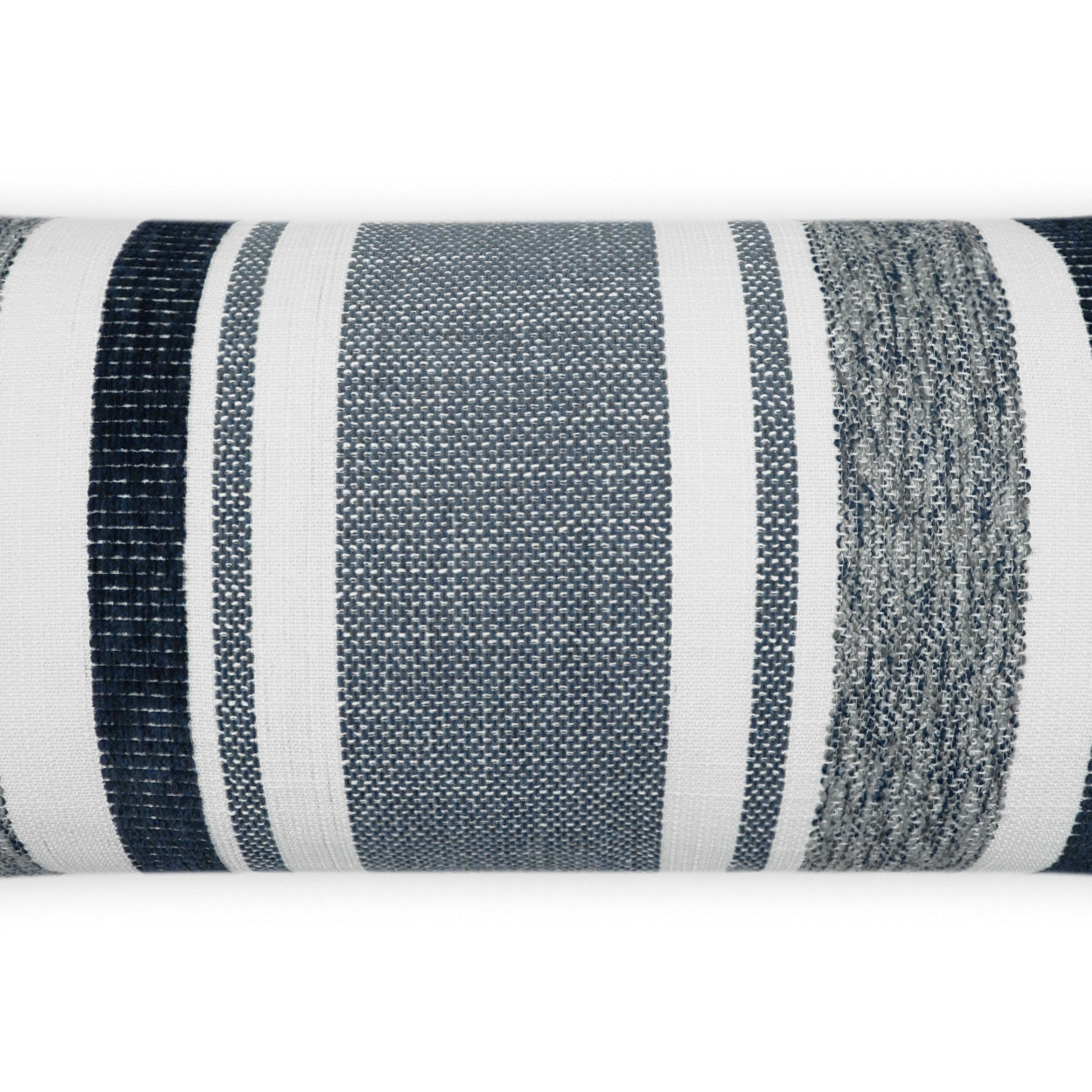 Outdoor lumbar pillow with indigo striped woven fabric; navy and white stripes.