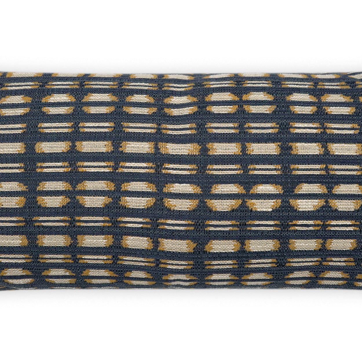 Close-up of navy blue and beige woven fabric with a geometric lattice pattern; a textured upholstery textile.