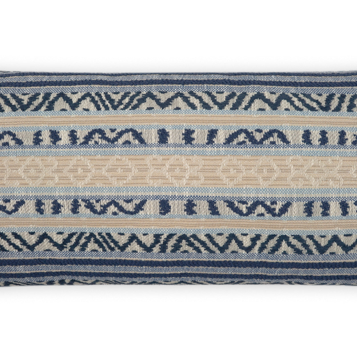 Blue & beige woven outdoor lumbar pillow with geometric stripe pattern.