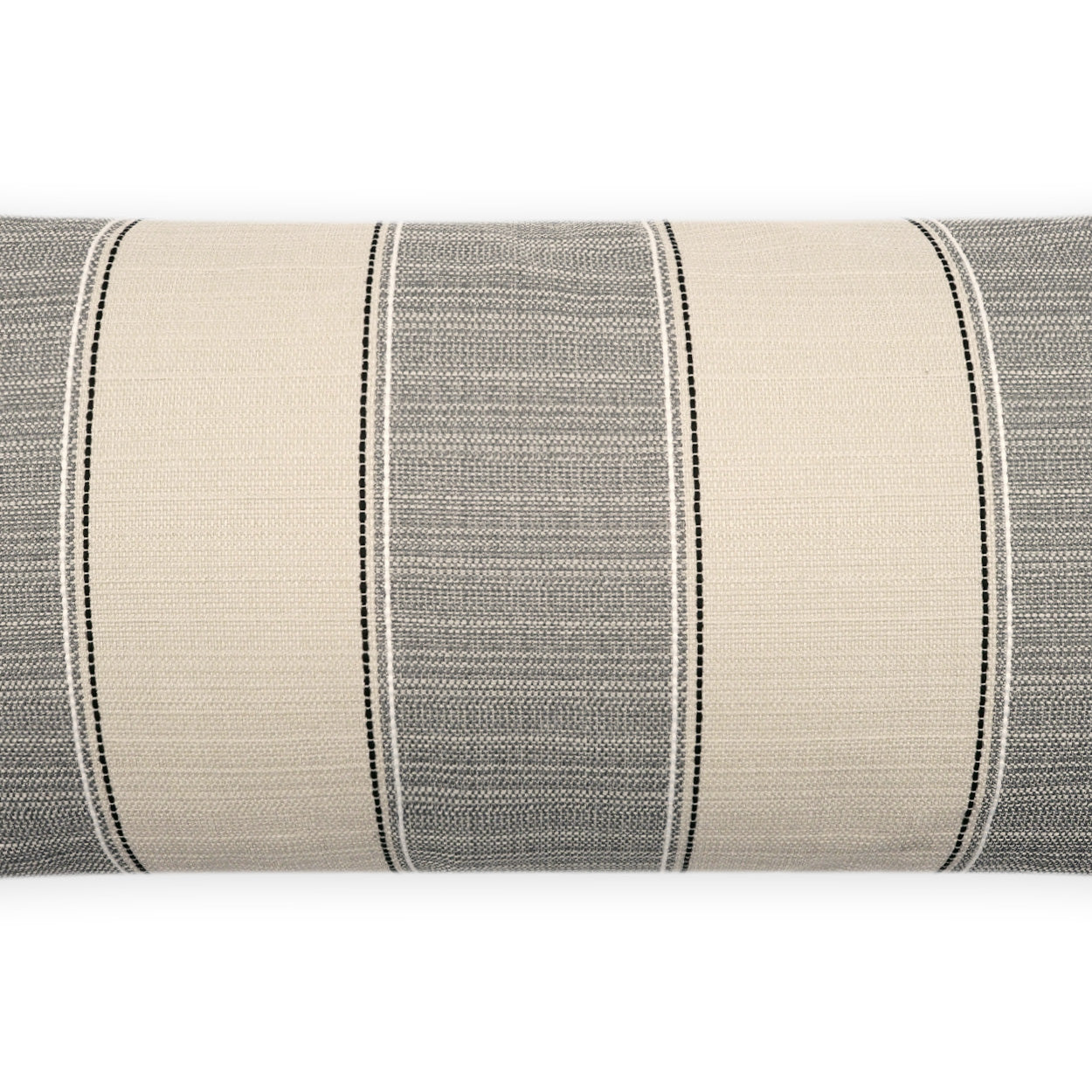 Outdoor 12" x 24" lumbar pillow with beige and gray linen-striped fabric and thin black dotted lines; woven textile.