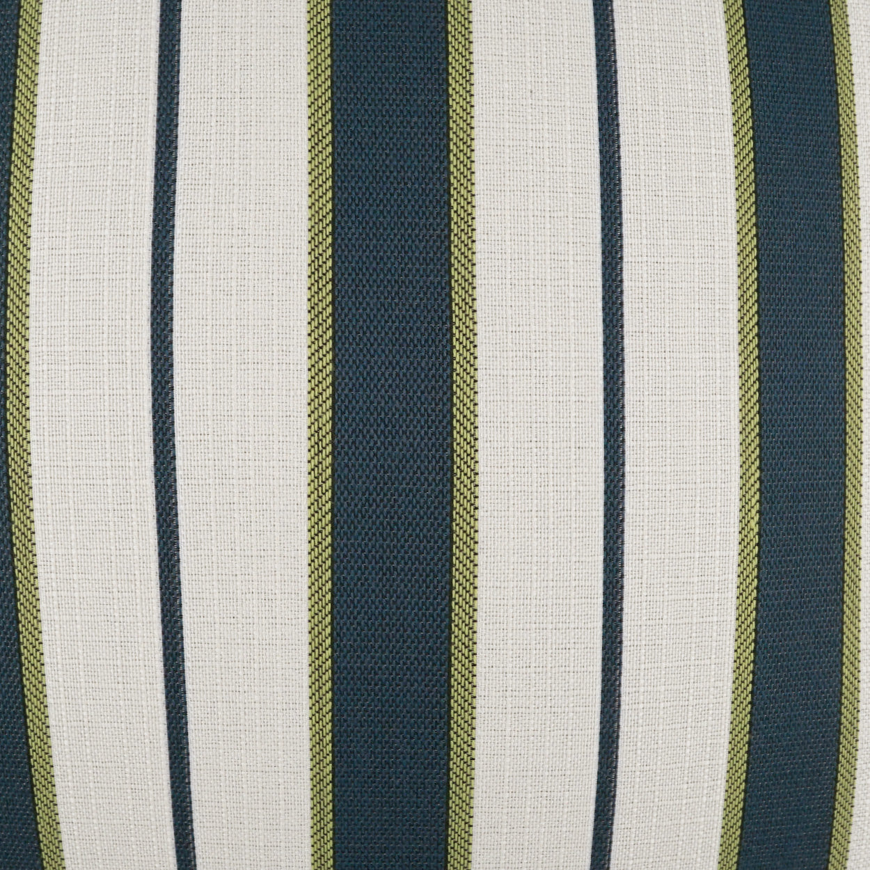 Outdoor lumbar pillow with textured woven fabric in navy blue and cream vertical stripes with olive green accents, size 12" x 24