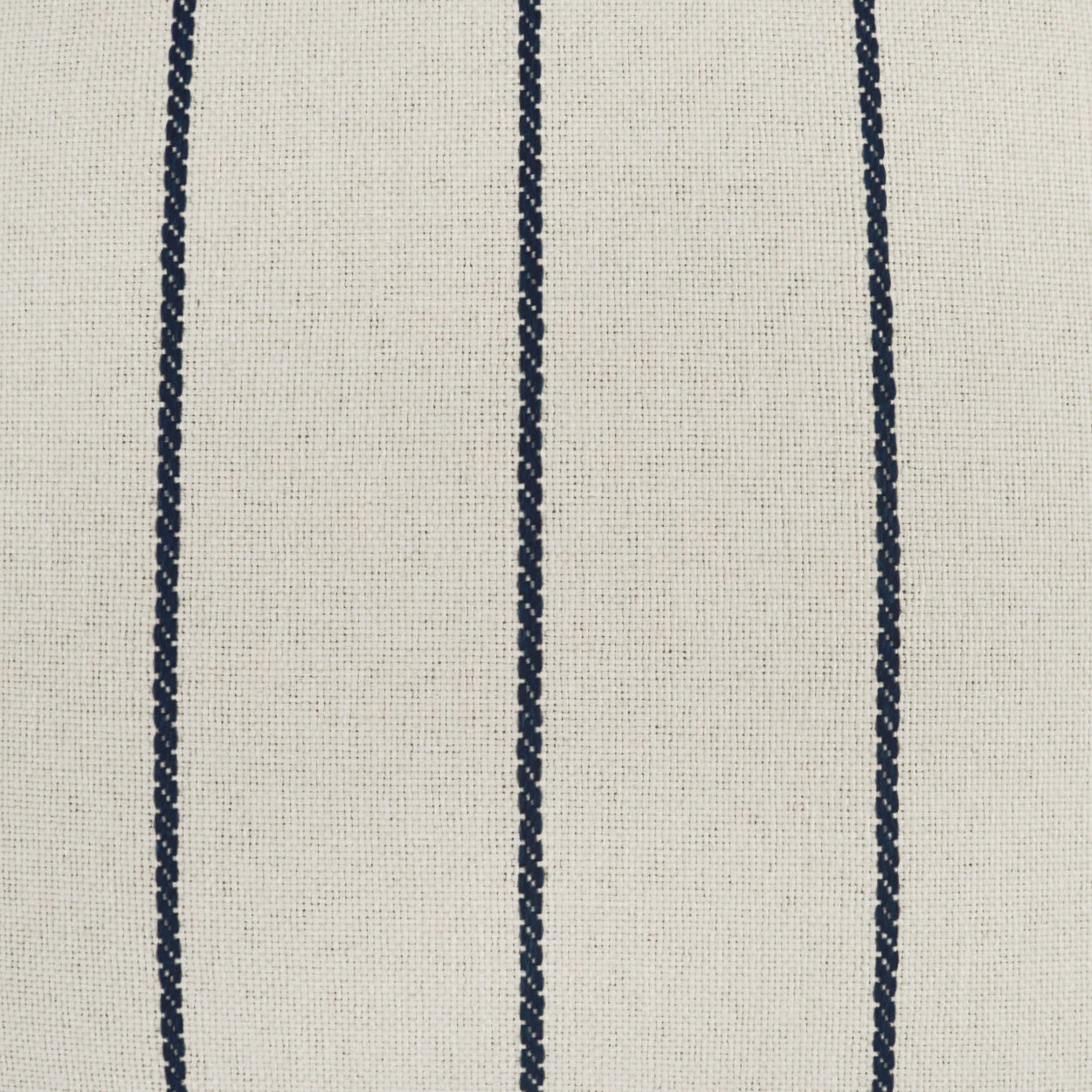 Beige woven fabric with dark navy vertical stripes; textured textile for upholstery or curtains.