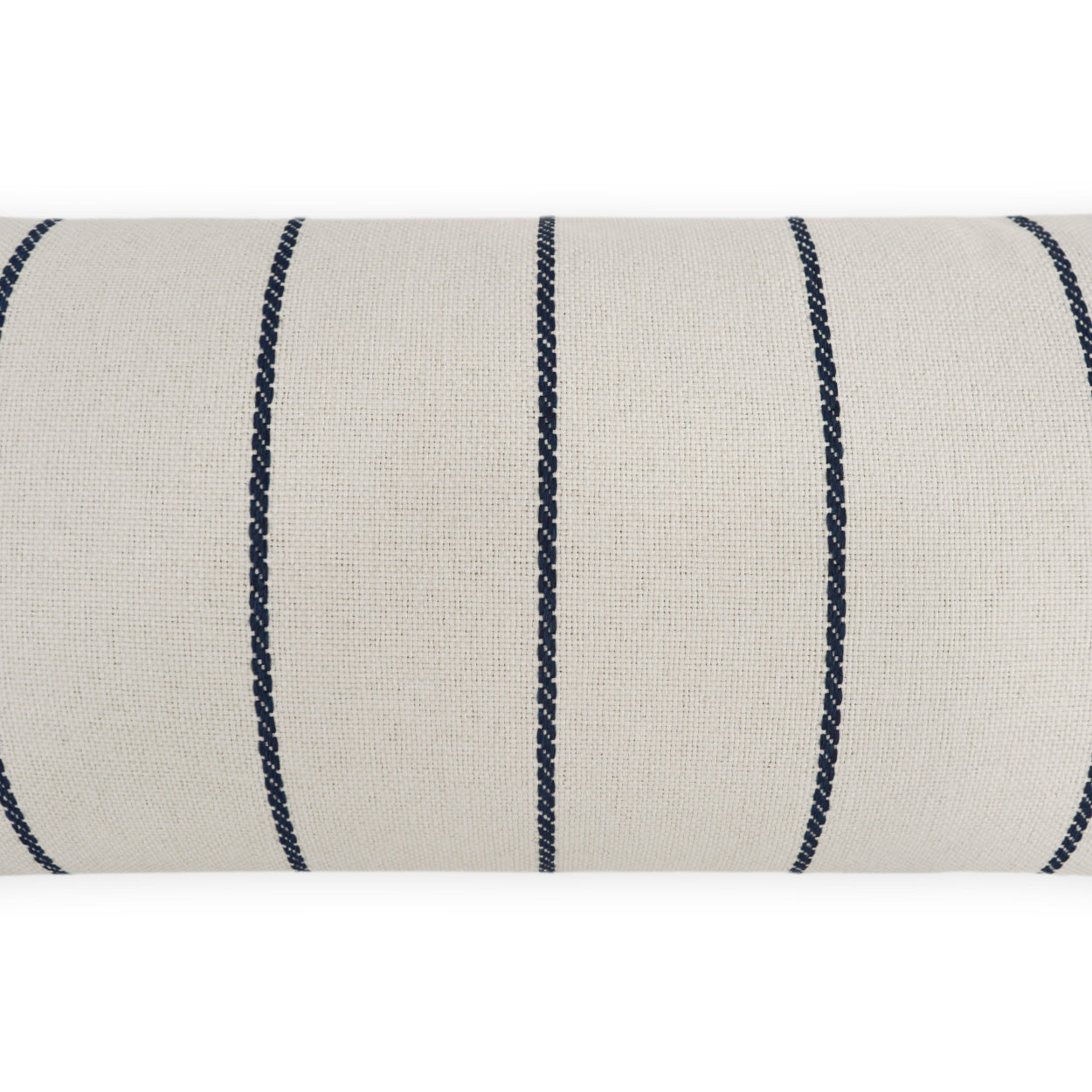 Beige woven fabric with navy chain-stitched vertical stripes, upholstery roll.