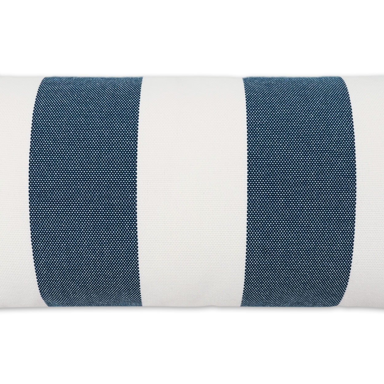 Close-up of white fabric with two wide navy blue stripes on a rolled textile, showing a textured weave.