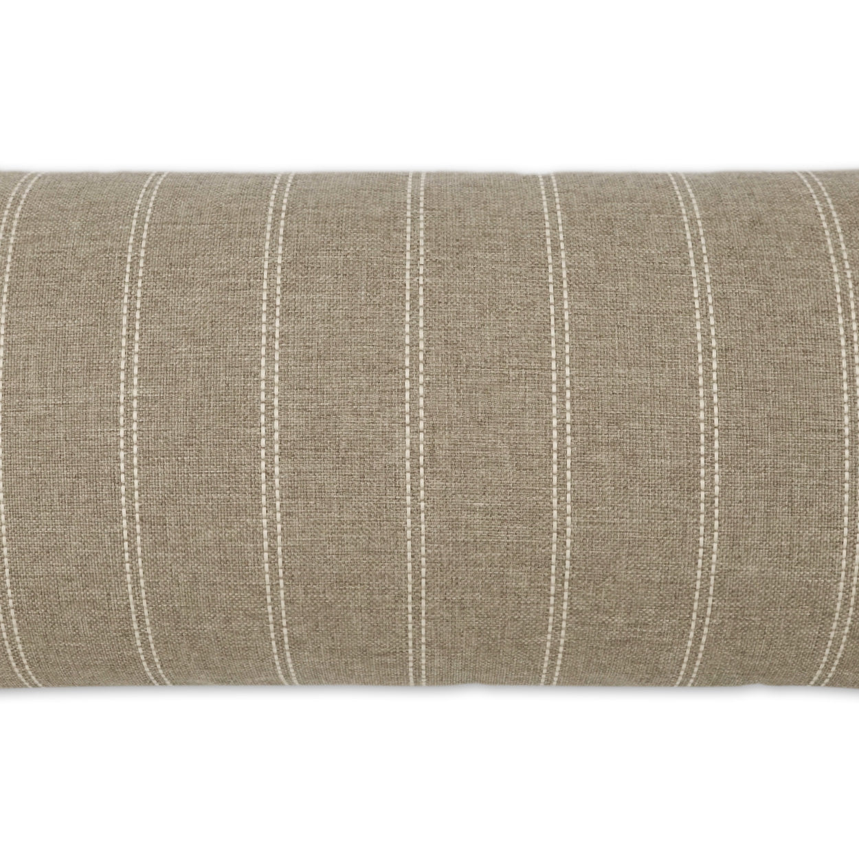 Beige linen-look upholstery fabric roll with white vertical stitched stripes.