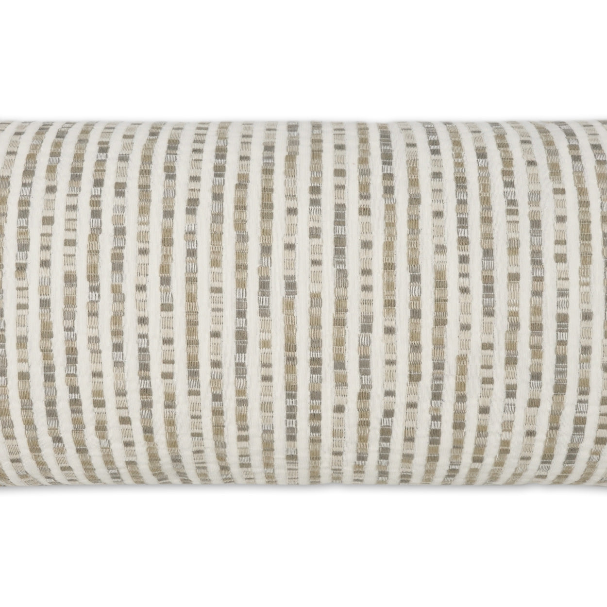 Beige and ivory striped woven fabric roll with small rectangular motifs; neutral upholstery fabric for home.