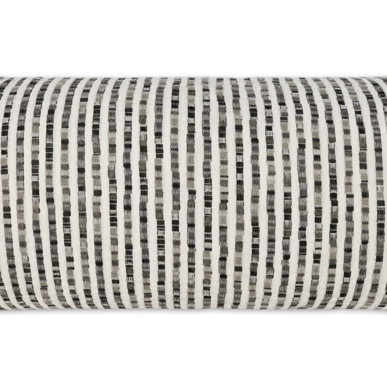 Rolled white fabric with vertical black dashed stripes; woven texture, modern upholstery or decor fabric.