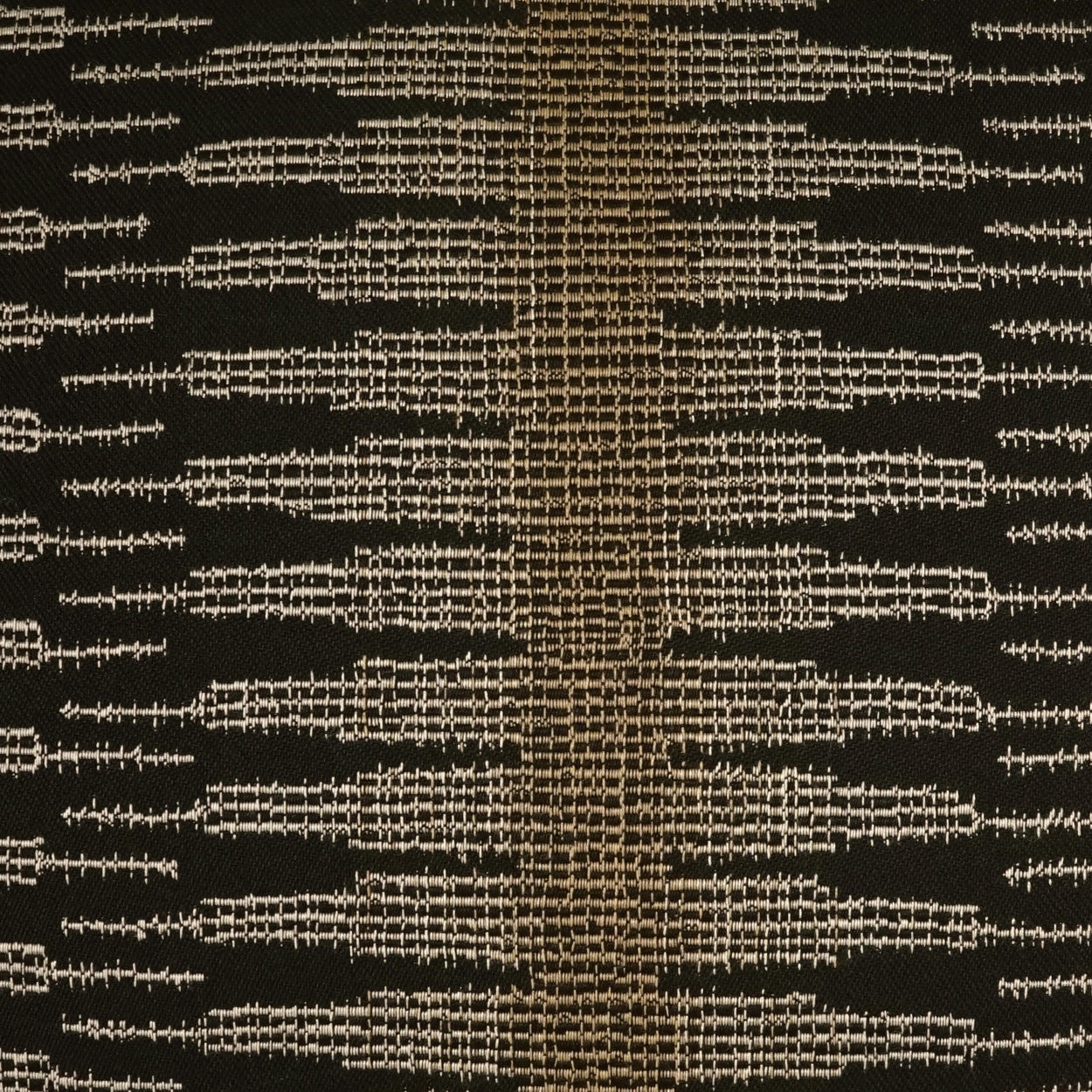 Brown and cream woven fabric with abstract ladder-like geometric pattern; textured textile for upholstery or apparel.