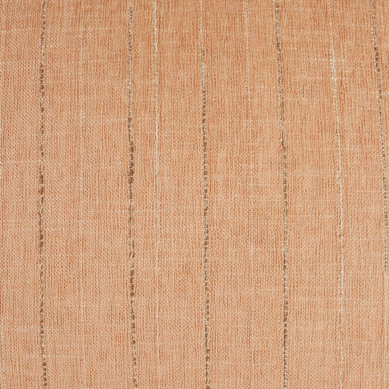 Peach woven fabric with slim vertical beige stripes and a textured surface, ideal for upholstery or drapes.