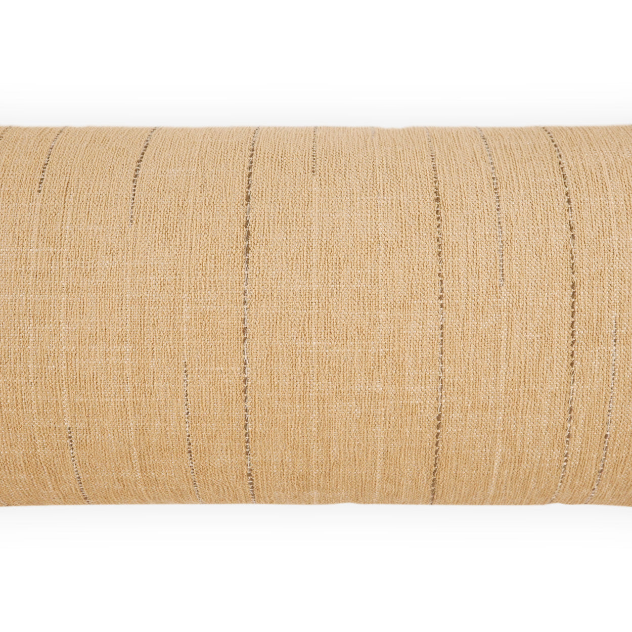 Beige woven fabric roll with thin darker stripes, linen-like texture, upholstery or drapery use.
