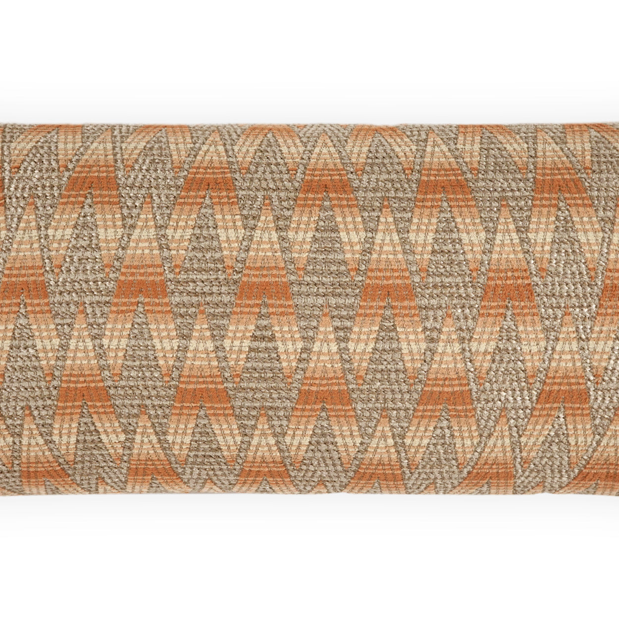 Woven fabric roll with orange and taupe chevron zigzag geometric pattern for upholstery.