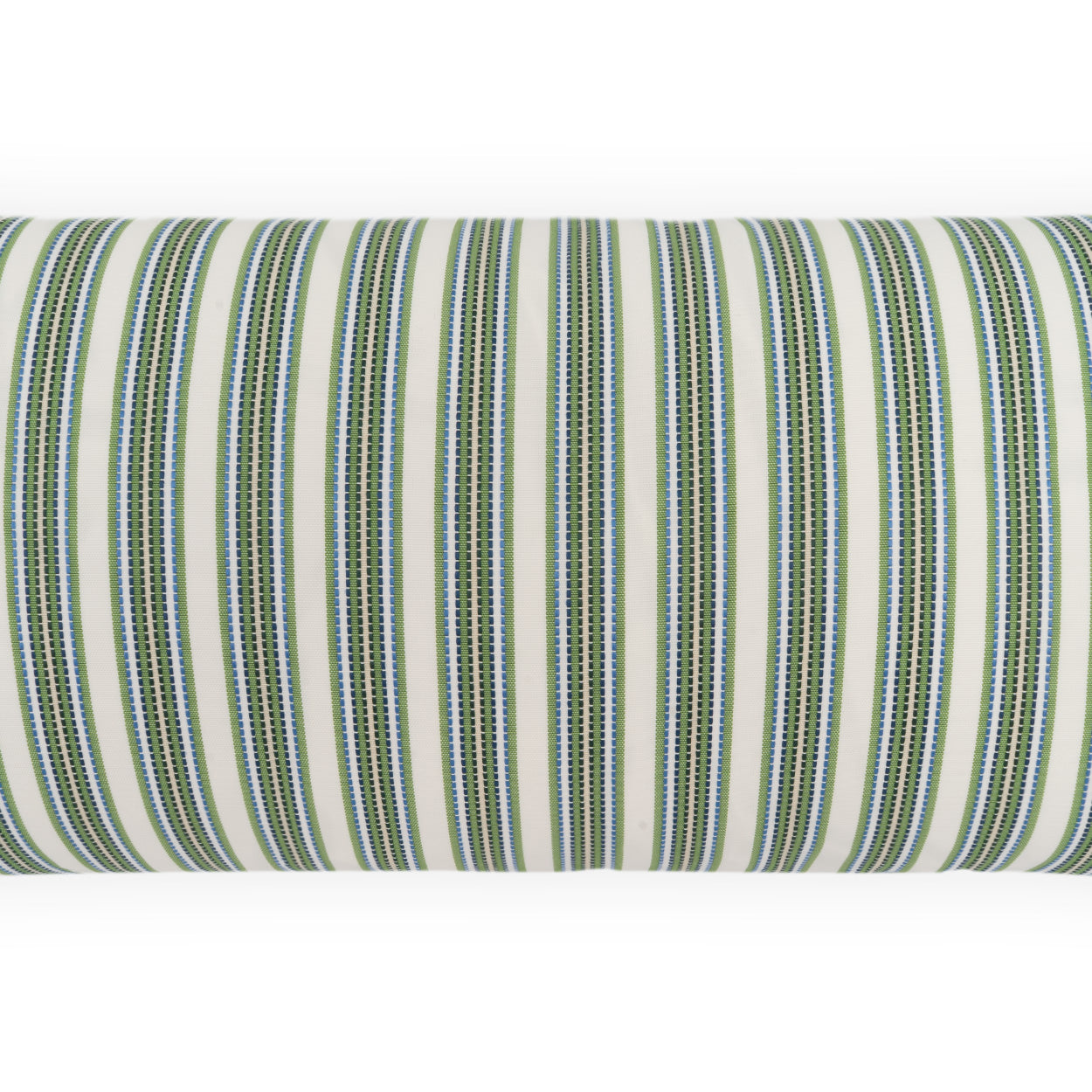 Rolled fabric with cream background featuring green and navy striped pattern with dotted blue accents.