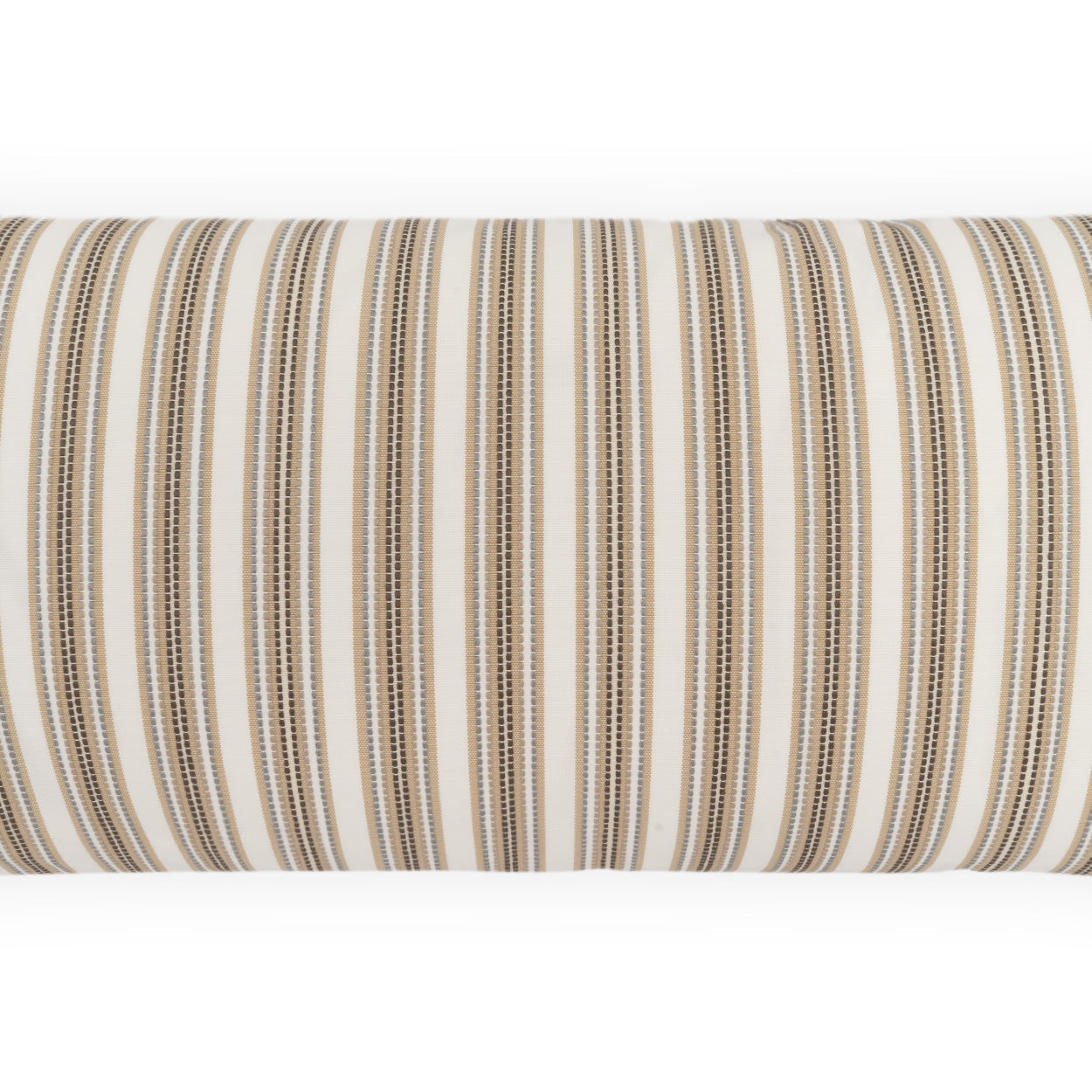 Beige and cream striped fabric roll with brown thread accents; classic upholstery textile for cushions or drapery.