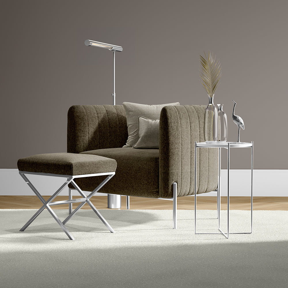 Brown textured Bark solid fabric upholstery on a sofa with a matching ottoman in a modern living room.
