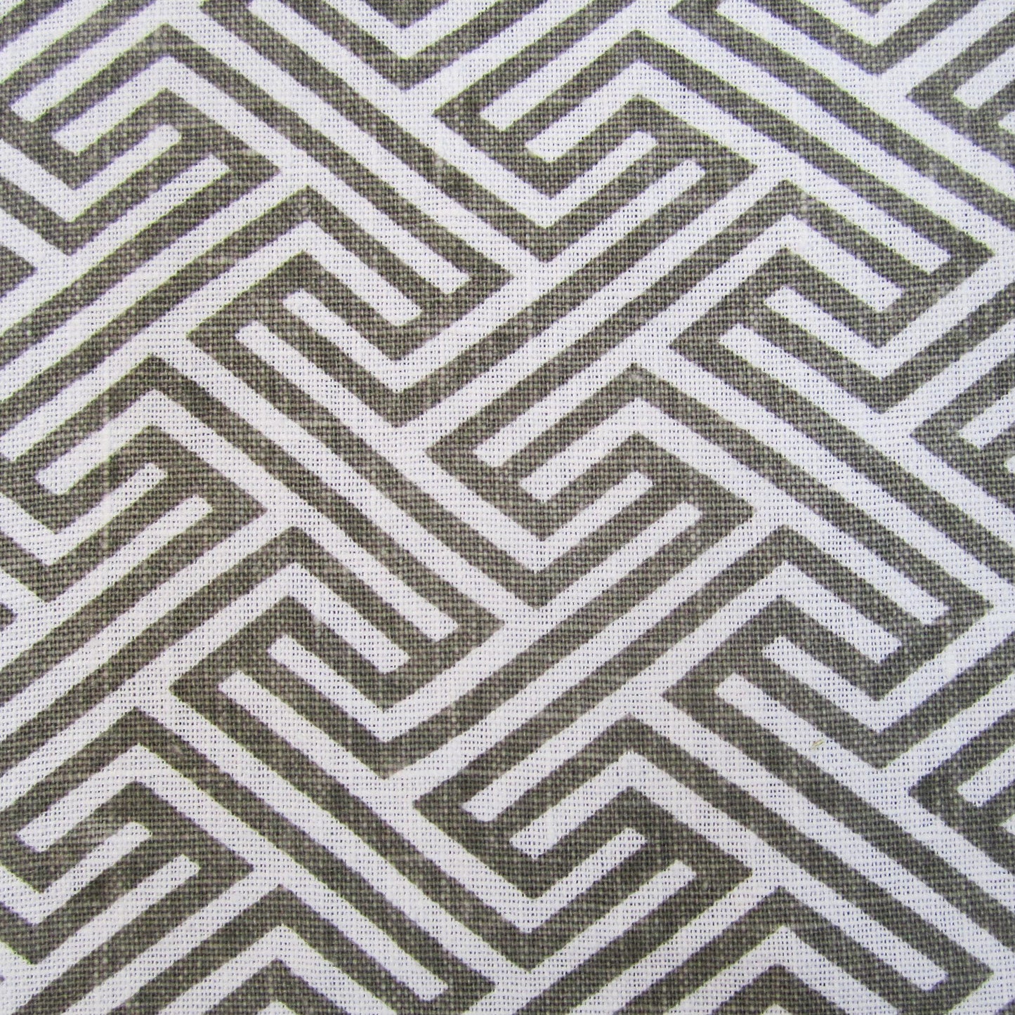 Gray & off-white geometric labyrinth pattern fabric with interlocking lines; modern textile.