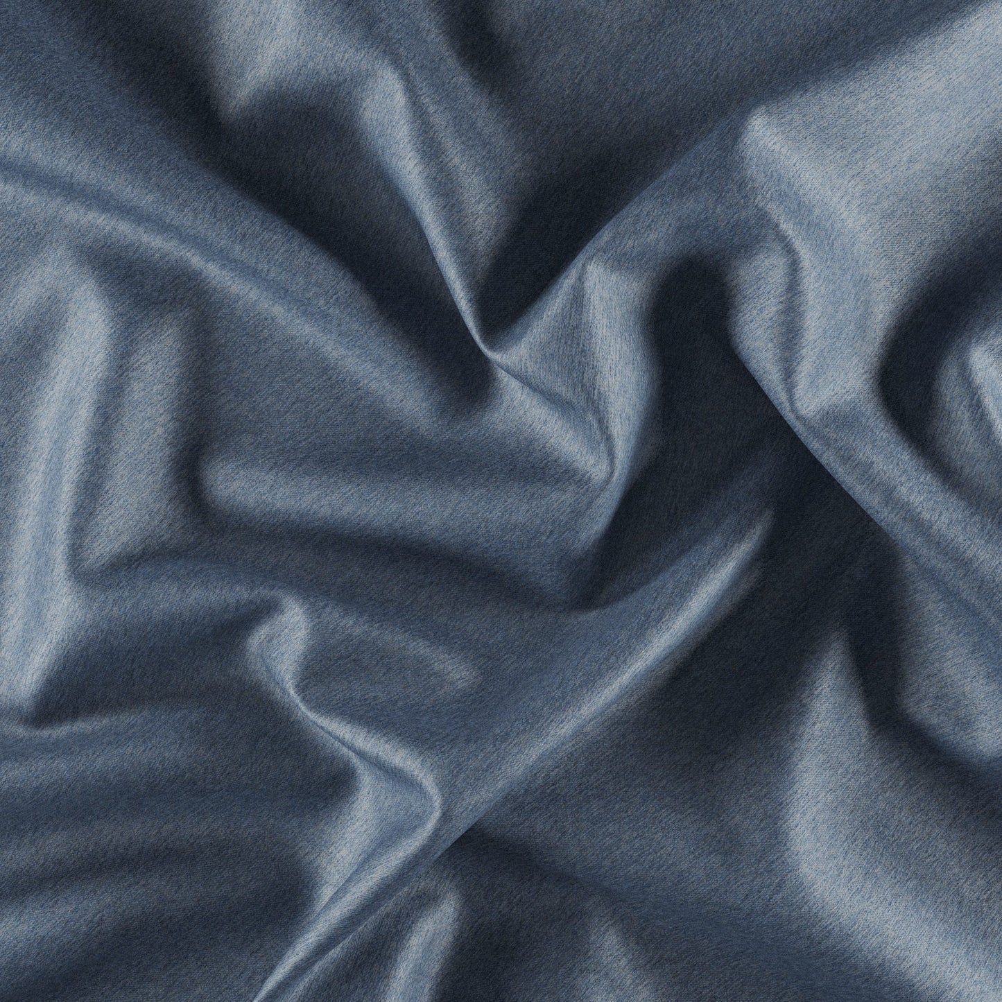Blue-gray denim-look fabric with soft drape, gentle wrinkles and textured weave.