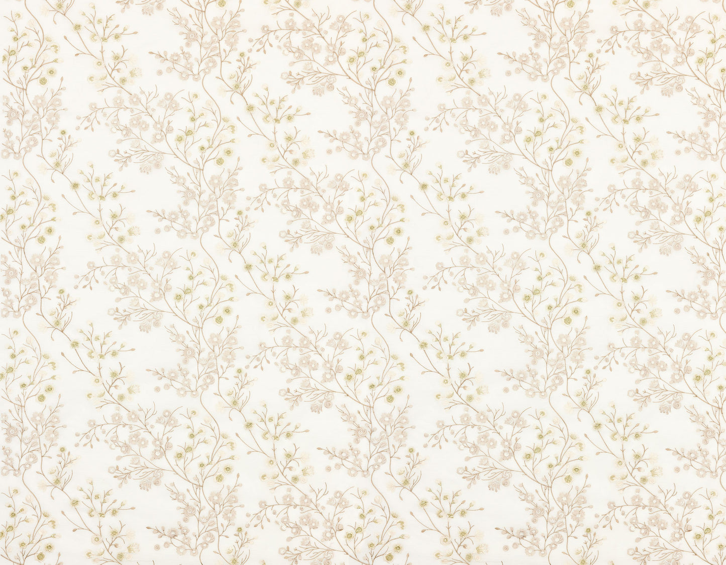 Ivory sheer fabric with a seamless vintage floral pattern of delicate beige botanical branches and tiny pale green buds.