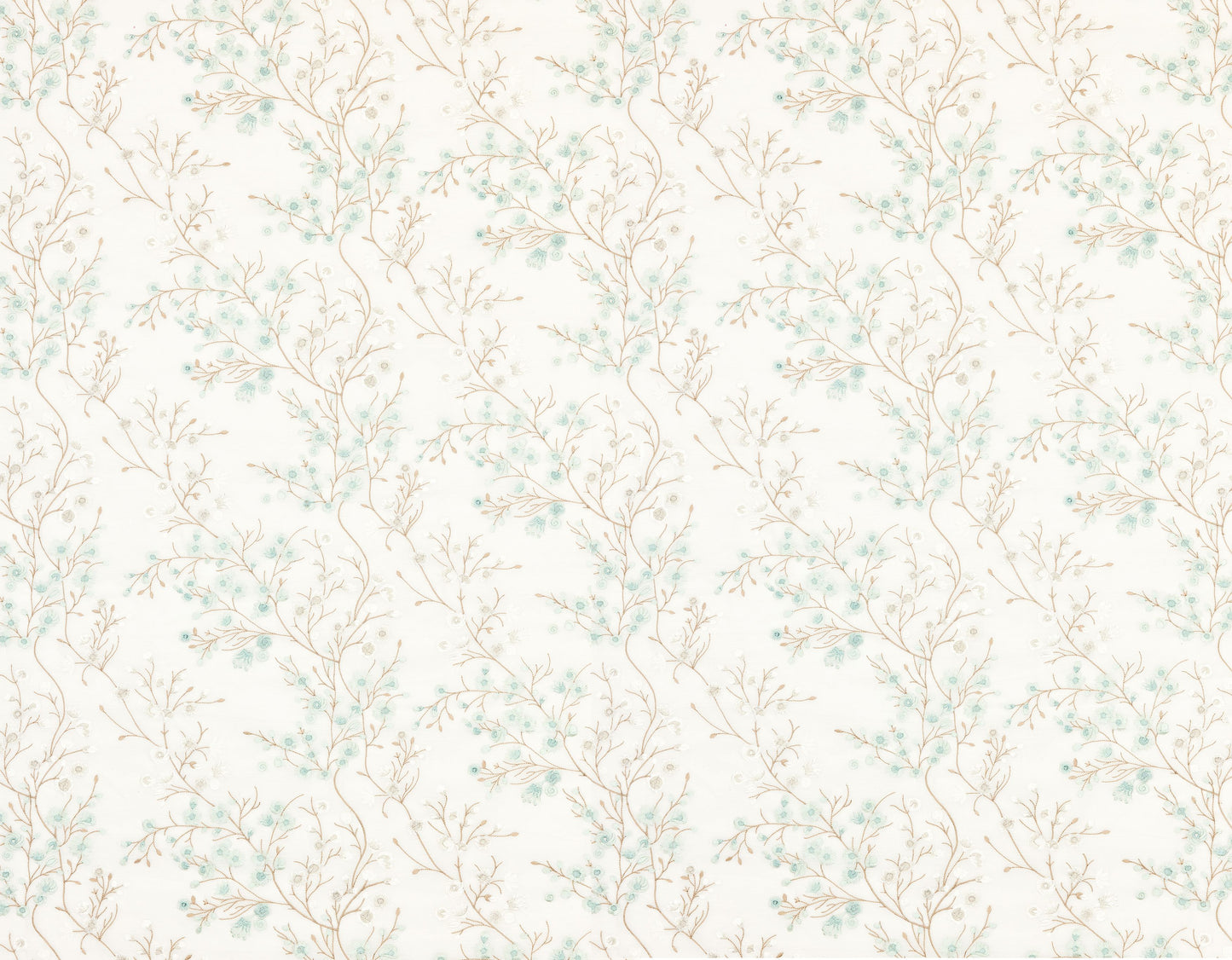 Soft cream sheer Celadon fabric with beige botanical branches and pale turquoise blossoms, seamless pattern.