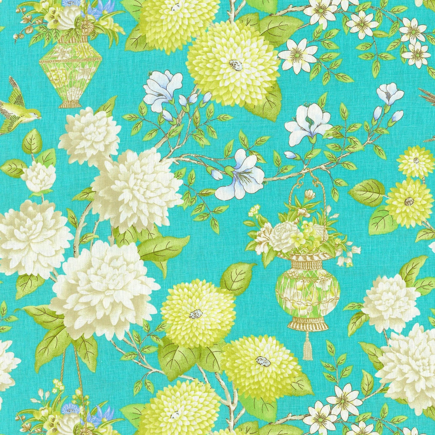 Turquoise floral fabric with white peony-like blooms, yellow spherical flowers, green leaves, and ornate gold vase motifs.
