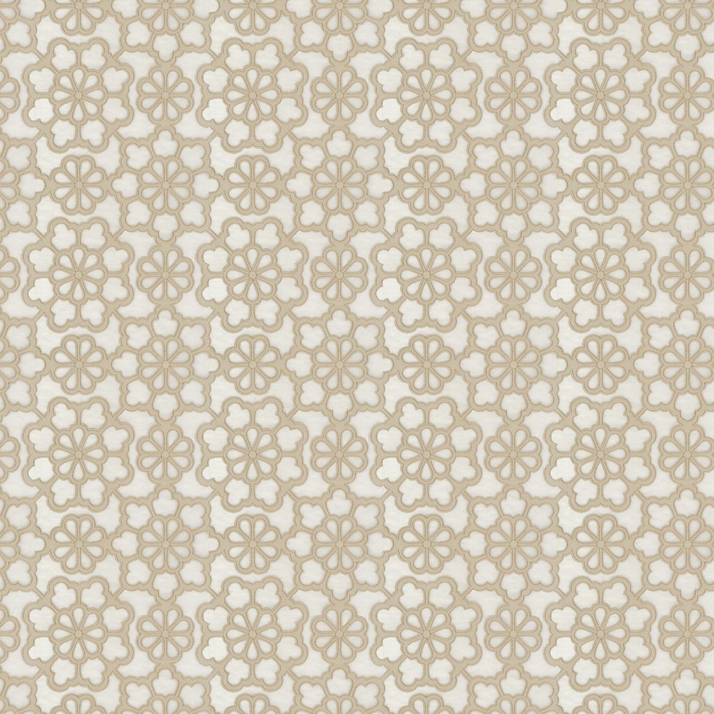 Beige floral lattice fabric with rosette motifs on ivory background; embroidered, sheer, damask-style texture.