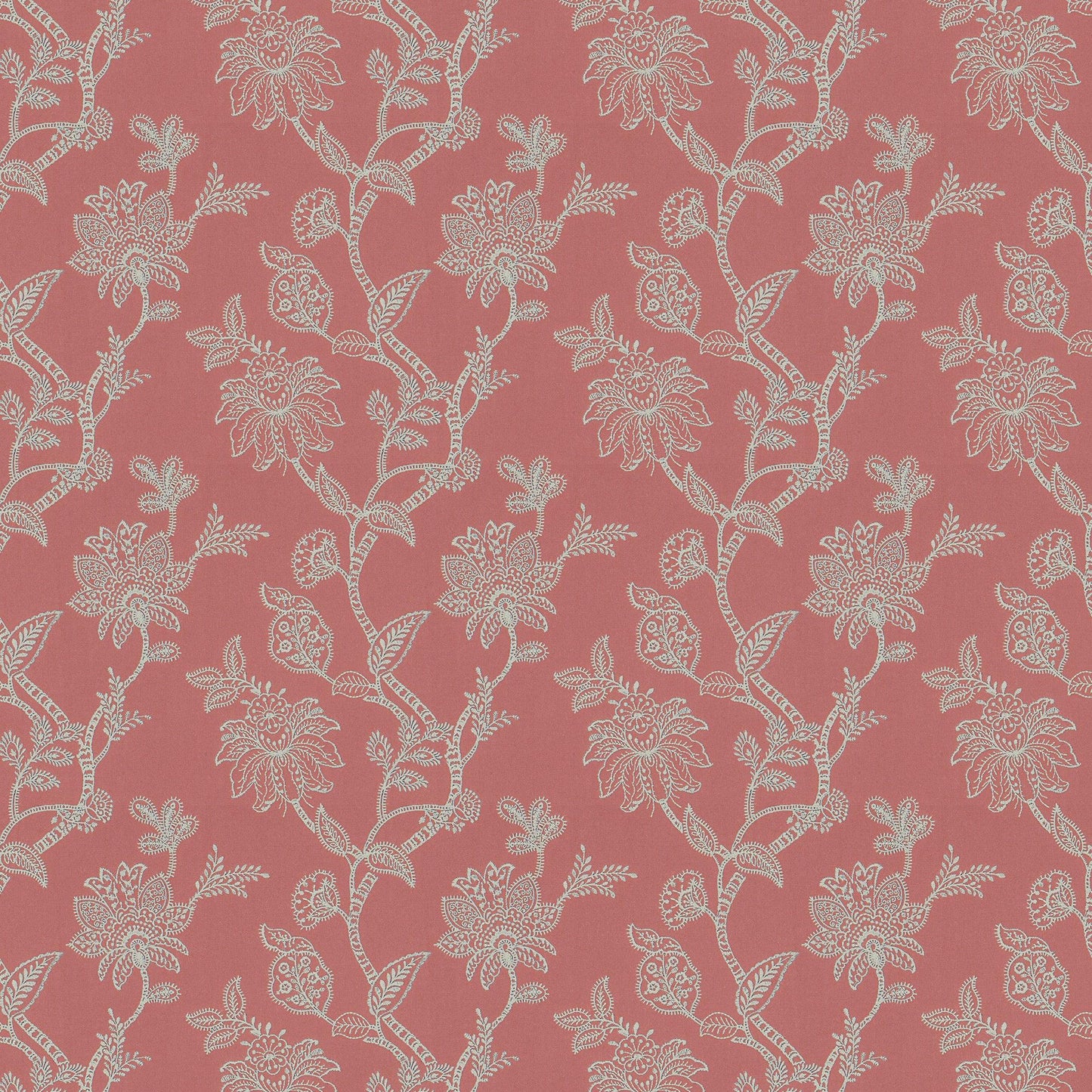Orange and rust floral damask embroidery on linen-textured fabric.
