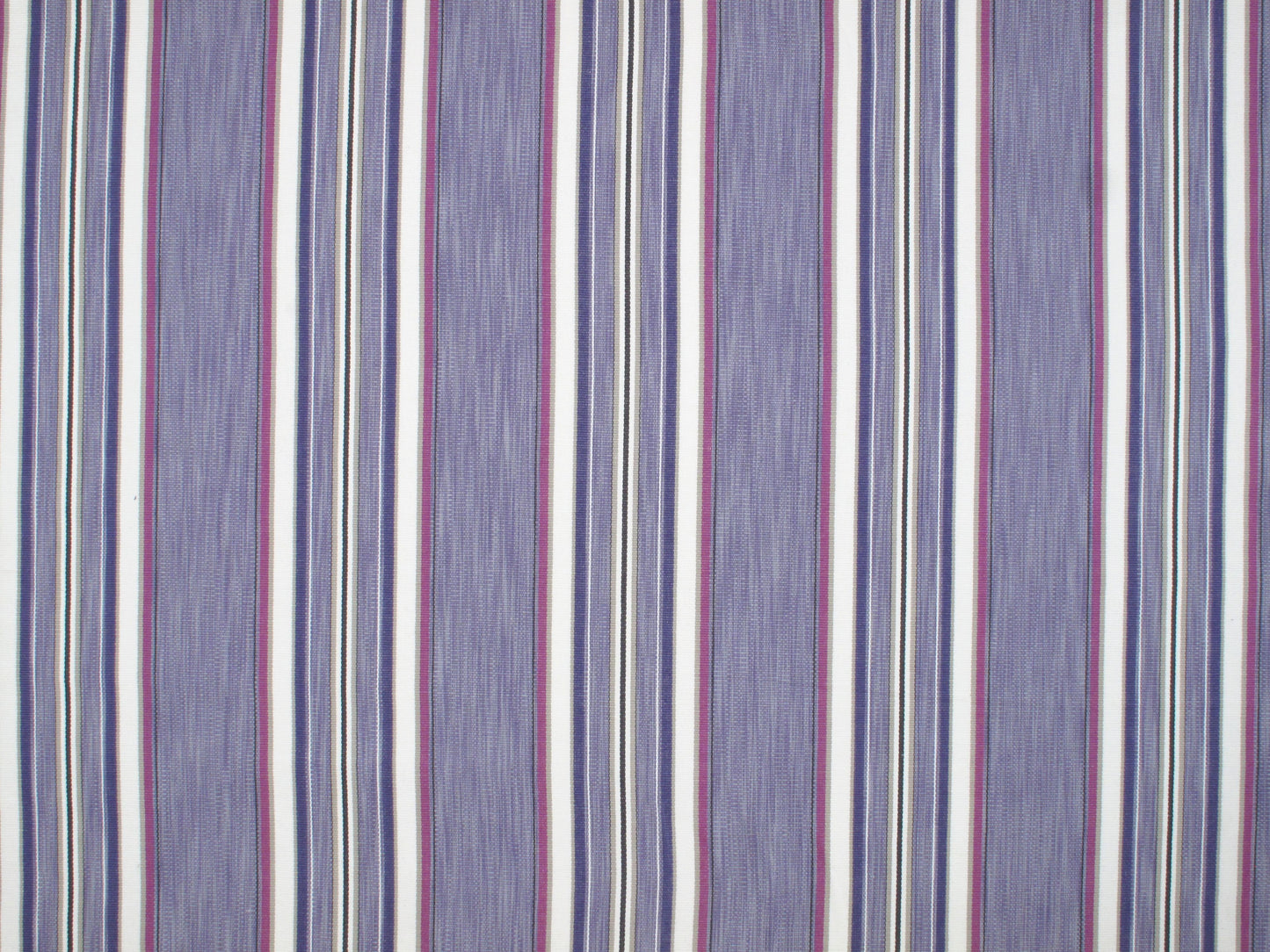 Lavender striped fabric with white and navy blue vertical stripes, woven textile for upholstery or bedding.