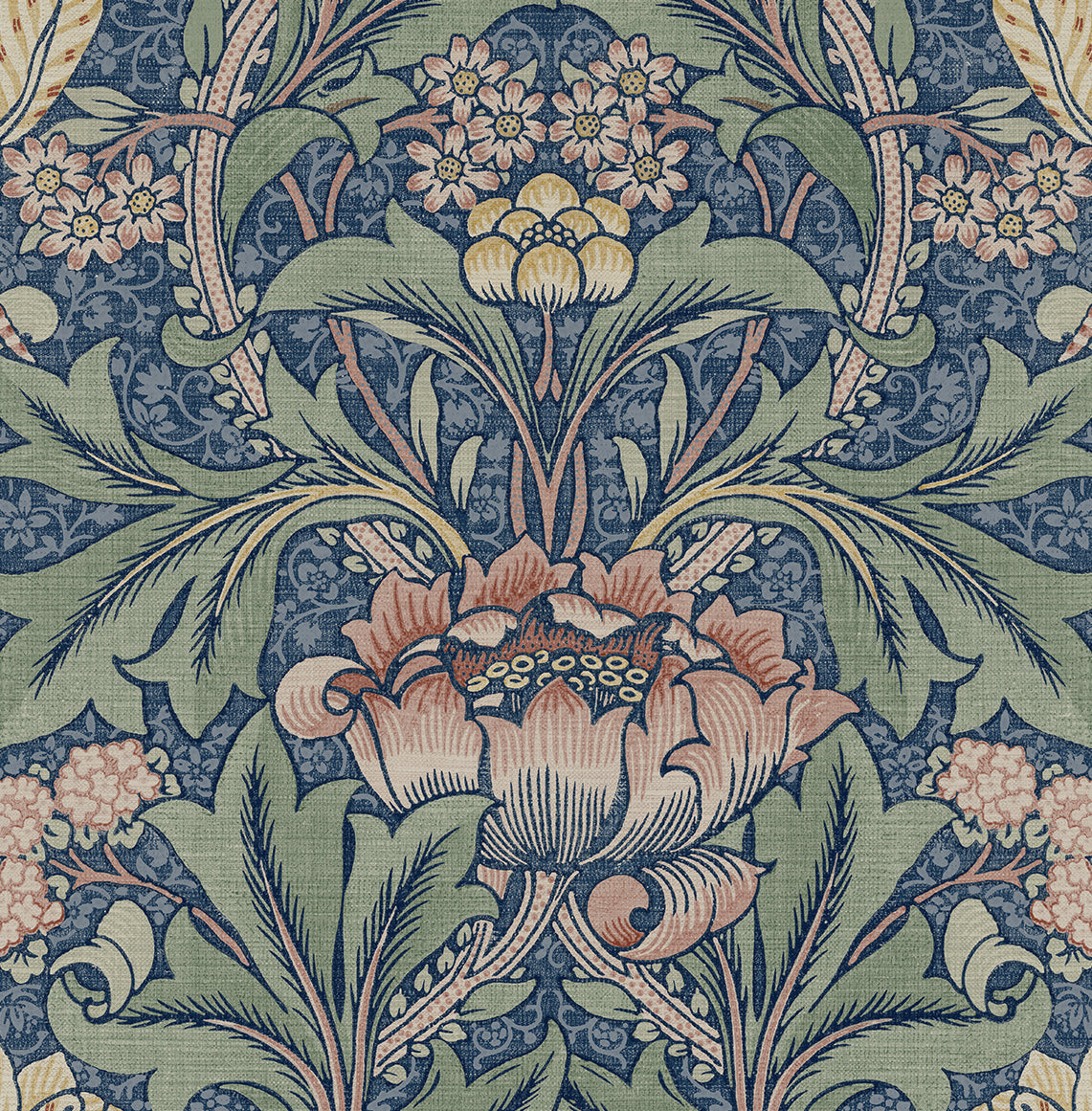 Intricate floral pattern featuring large pink and yellow flowers on a dark blue and green background, wallpaper.