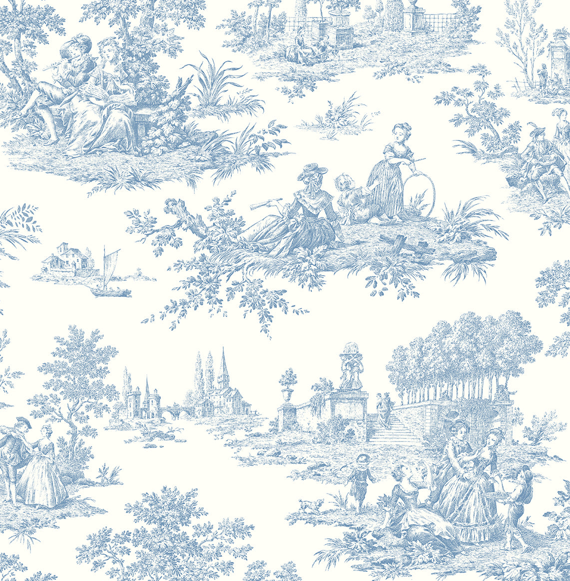 Seabrook Designs Prepasted Online Chateau Toile Prepasted Toile Traditional Blue Matte - PR10602