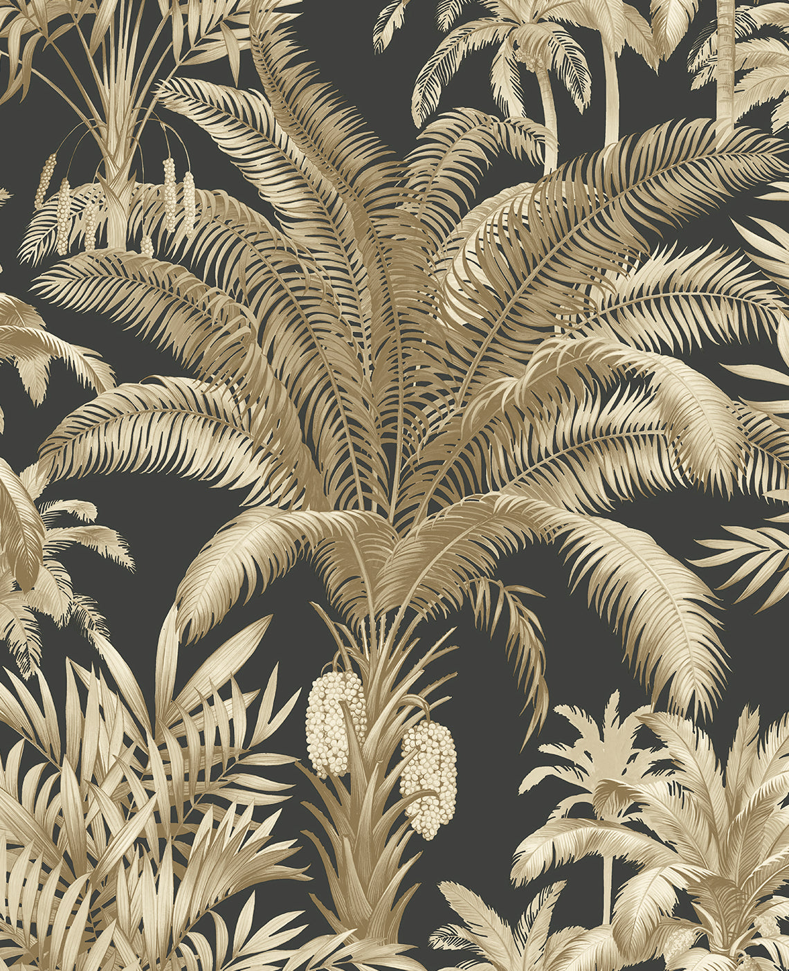 Gold-toned leafy palm design on a dark background, featuring detailed fronds and clusters of textured shapes, ideal for wallpaper.