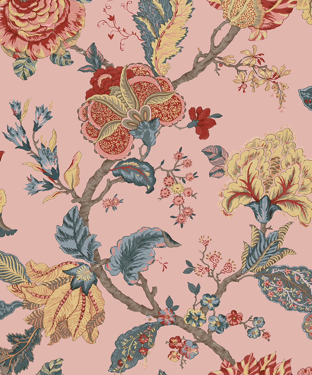 Floral pattern with red, yellow, and blue flowers on a soft pink background.