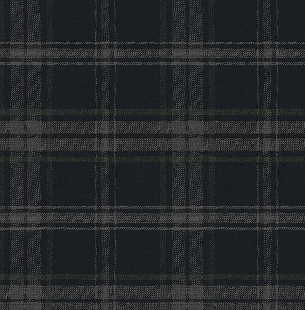 Dark navy tartan plaid wallpaper with gray and muted green lines, close-up textured surface.
