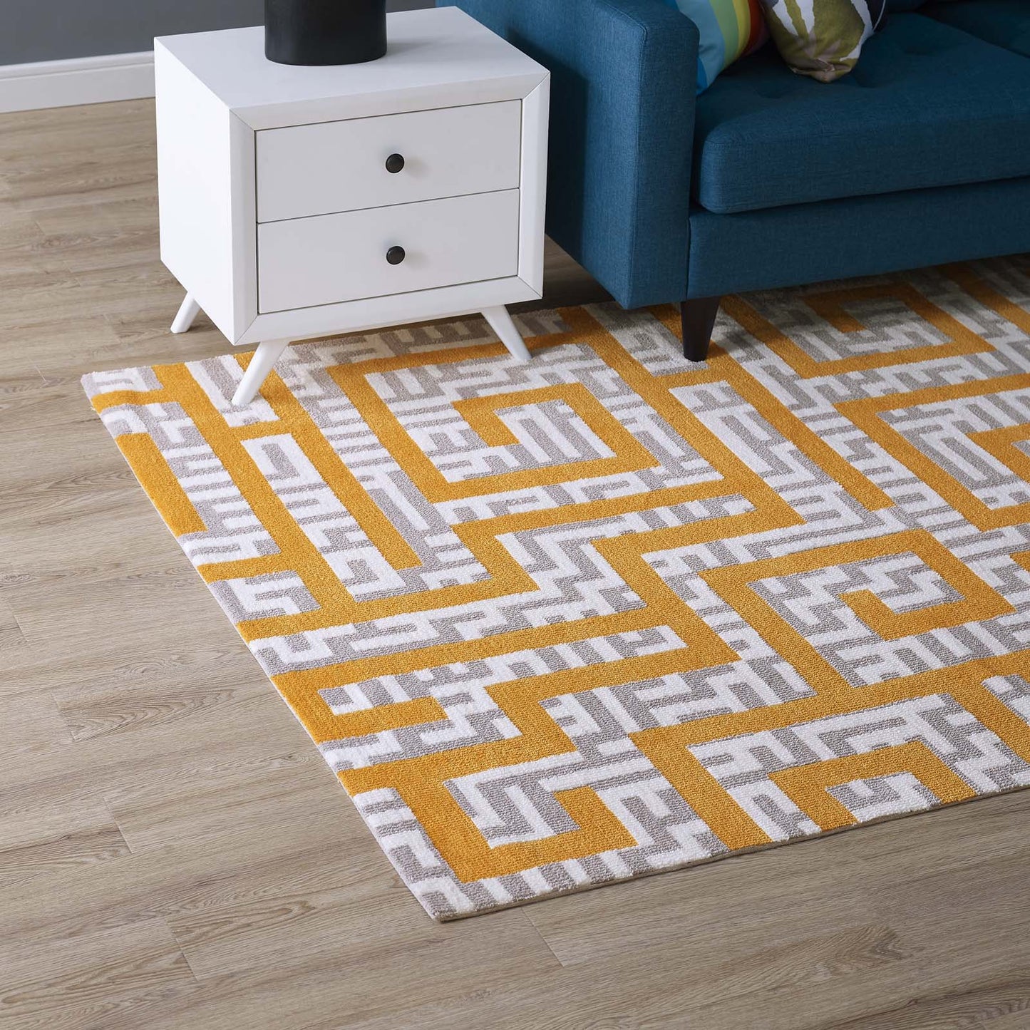 Modway Outlet Nahia Geometric Maze 8x10 Area Rug by Modway Living Room Rugs Ivory Light Gray and Banana Yellow - R-1015C-810