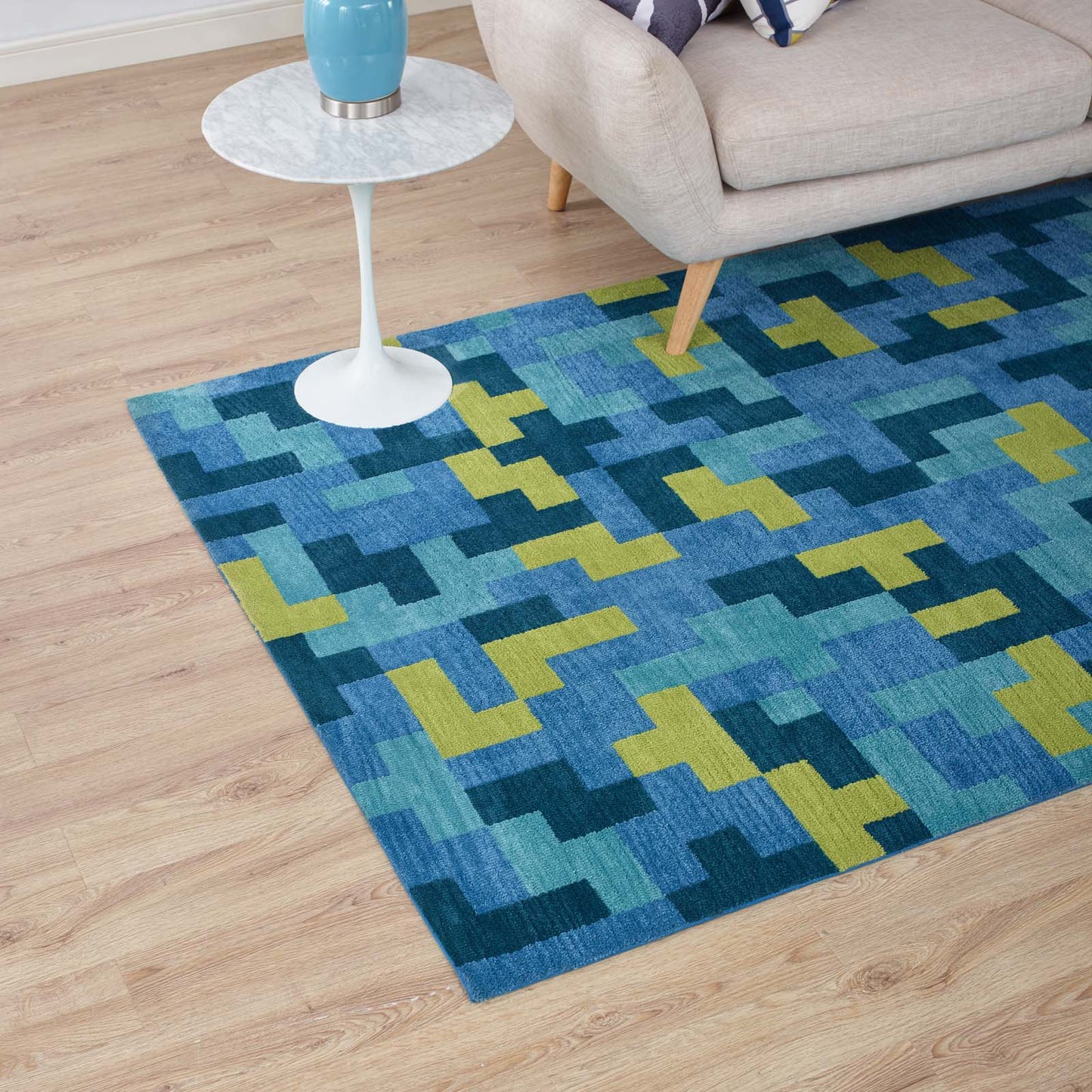 Modway Outlet Andela Interlocking Block Mosaic 8x10 Area Rug by Modway Living Room Rugs Multicolored Blue and Light Olive Green - R-1022A-810