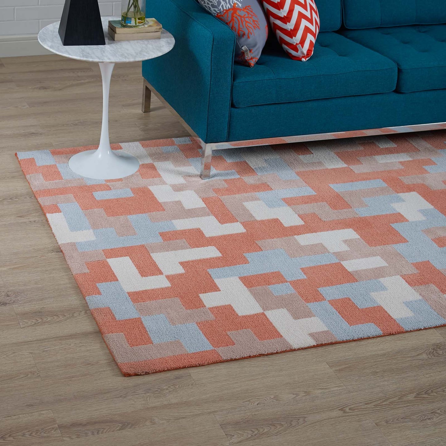 Modway Outlet Andela Interlocking Block Mosaic 8x10 Area Rug by Modway Living Room Rugs Multicolored Coral and Light Blue - R-1022B-810